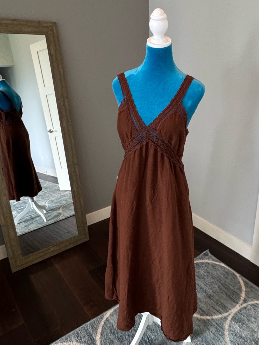 LOFT Brown Midi Sundress with Lace Trim
